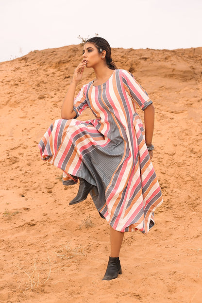 Multi-Colored Cowl Dress at Kamakhyaa by Keva. This item is Cotton, Desert Rose, Midi Dresses, Multicolor, Natural, Relaxed Fit, Resort Wear, Stripes, Womenswear