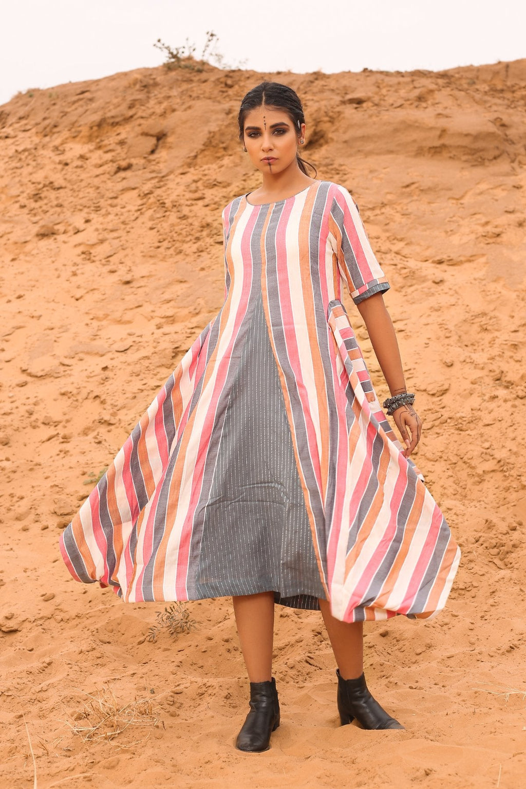 Multi-Colored Cowl Dress at Kamakhyaa by Keva. This item is Cotton, Desert Rose, Midi Dresses, Multicolor, Natural, Relaxed Fit, Resort Wear, Stripes, Womenswear