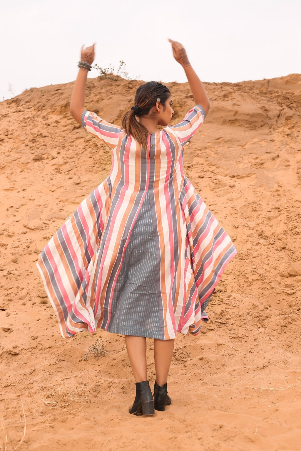 Multi-Colored Cowl Dress at Kamakhyaa by Keva. This item is Cotton, Desert Rose, Midi Dresses, Multicolor, Natural, Relaxed Fit, Resort Wear, Stripes, Womenswear