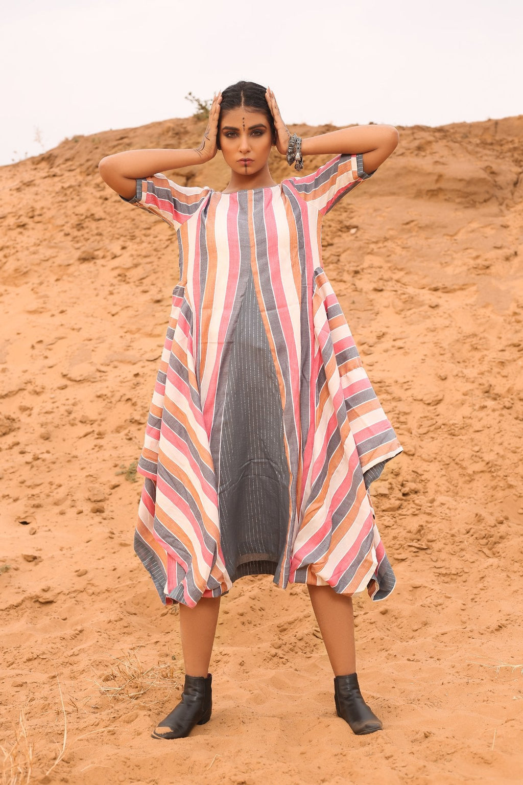 Multi-Colored Cowl Dress at Kamakhyaa by Keva. This item is Cotton, Desert Rose, Midi Dresses, Multicolor, Natural, Relaxed Fit, Resort Wear, Stripes, Womenswear