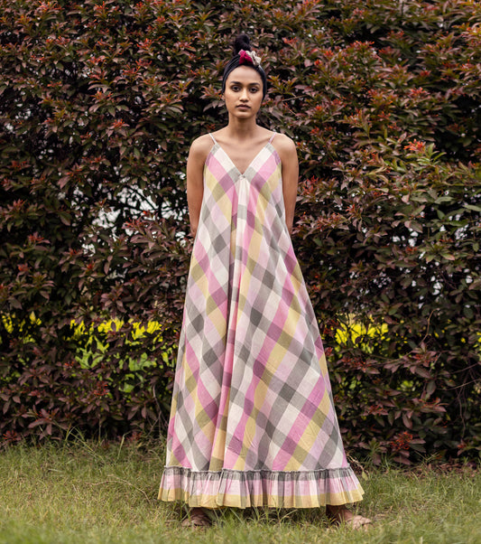 Multicolor Check Maxi Dress at Kamakhyaa by Khara Kapas. This item is Checks, Lost & Found, Maxi Dresses, Mulmul, Multicolor, Natural, Printed Selfsame, Regular Fit, Resort Wear, Sleeveless Dresses, Womenswear