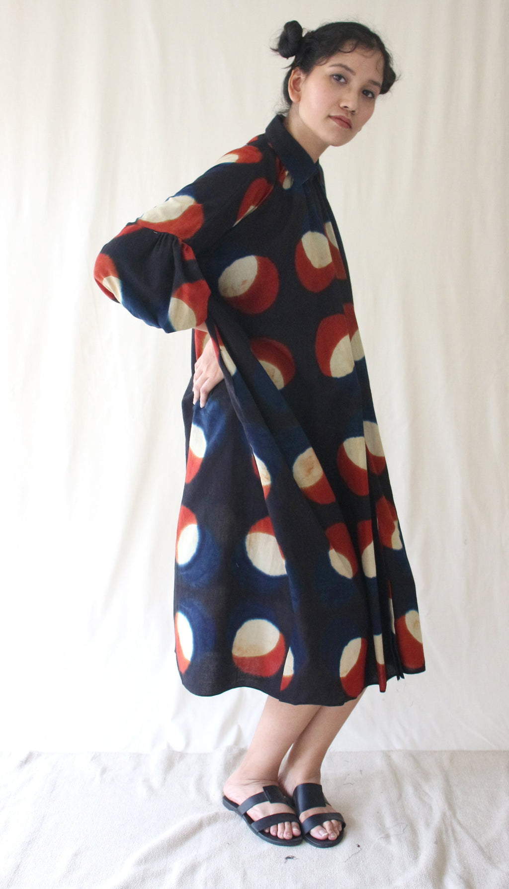 Multicolor Collar Cotton Midi Dress at Kamakhyaa by Chambray & Co.. This item is Blue, Casual Wear, Hand Spun Cotton, Midi Dresses, Natural, Ombre & Dyes, Regular Fit, Womenswear