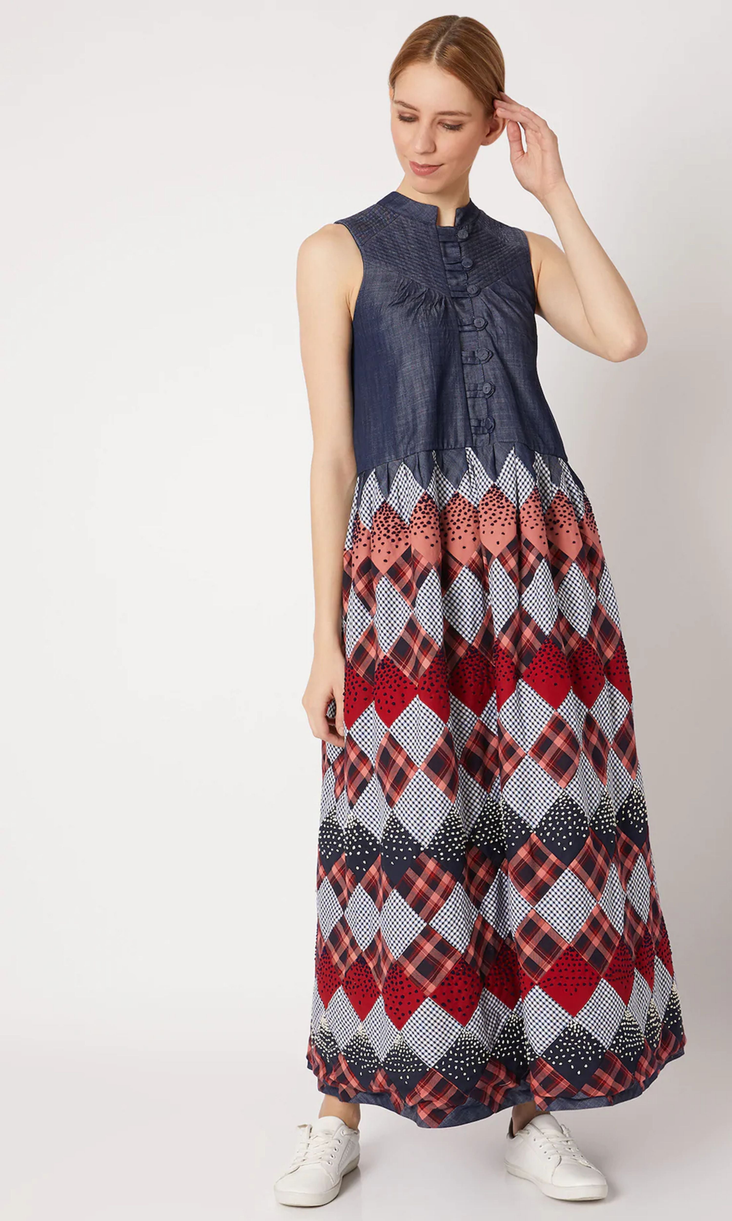 Multicolor Collar Midi Dress at Kamakhyaa by Chambray & Co.. This item is Blue, Casual Wear, Cotton, Midi Dresses, Multicolor, Natural, Patchwork, Pink, Red, Regular Fit, Tencel, White, Womenswear
