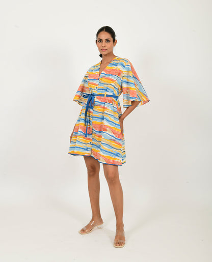 Multicolor Cotton Mini Dress at Kamakhyaa by Rias Jaipur. This item is 100% Organic Cotton, Block Prints, Casual Wear, Mini Dresses, Multicolor, Natural, Relaxed Fit, Scribble Prints, Womenswear, Yaadein