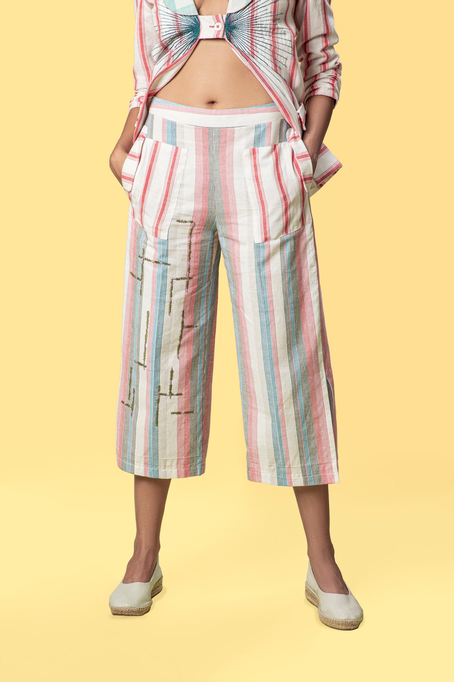 Multicolor Culotte at Kamakhyaa by Anushé Pirani. This item is Culottes, Fitted At Waist, Handwoven Cotton, July Sale, July Sale 2023, Multicolor, Natural, Of Myriad Minds, Office Wear, Playful Office Wear, sale anushe pirani, Stripes, Womenswear