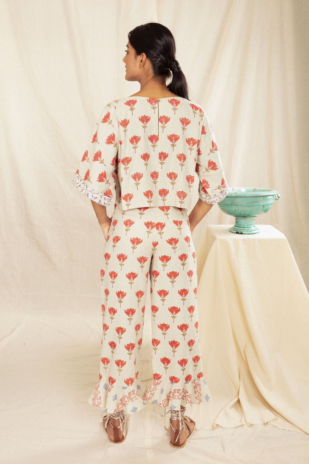 Multicolor Culotte Pants with Ruffles at Kamakhyaa by Anushé Pirani. This item is Block Prints, Culottes, Fitted At Waist, Handwoven Cotton, Multicolor, Natural, Office Wear, Prints, Recurring Dream Collection, Womenswear