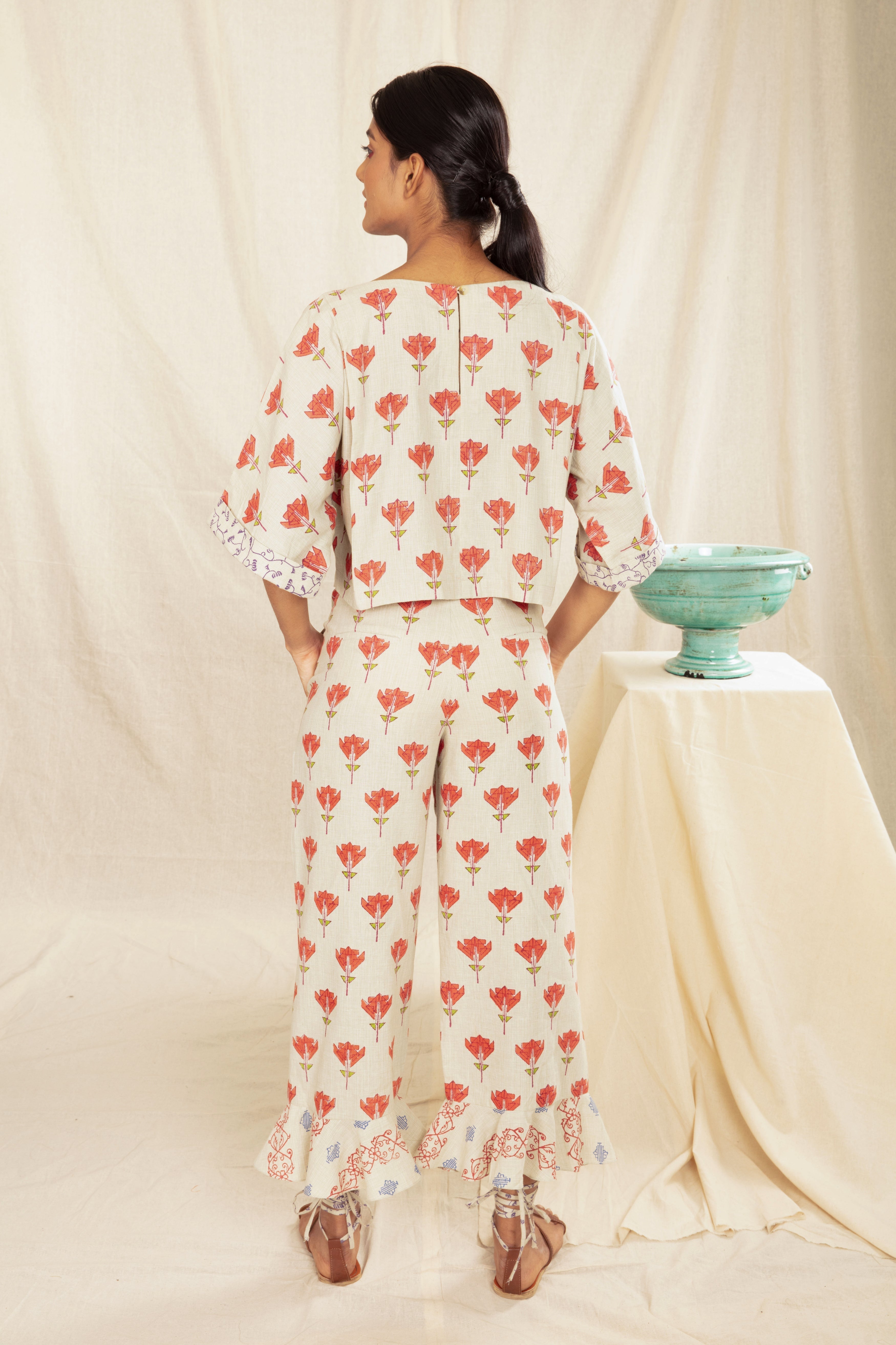 Multicolor Culotte Pants with Ruffles at Kamakhyaa by Anushé Pirani. This item is Block Prints, Culottes, Fitted At Waist, Handwoven Cotton, Multicolor, Natural, Office Wear, Prints, Recurring Dream Collection, Womenswear