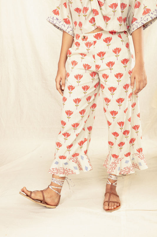 Multicolor Culotte Pants with Ruffles at Kamakhyaa by Anushé Pirani. This item is Block Prints, Culottes, Fitted At Waist, Handwoven Cotton, Multicolor, Natural, Office Wear, Prints, Recurring Dream Collection, Womenswear