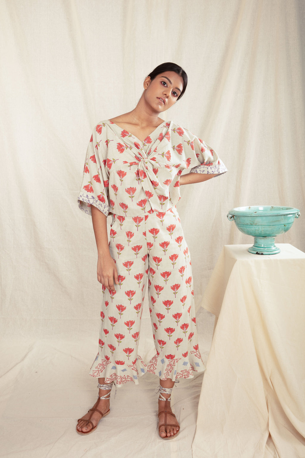 Multicolor Culotte Pants with Ruffles at Kamakhyaa by Anushé Pirani. This item is Block Prints, Culottes, Fitted At Waist, Handwoven Cotton, Multicolor, Natural, Office Wear, Prints, Recurring Dream Collection, Womenswear