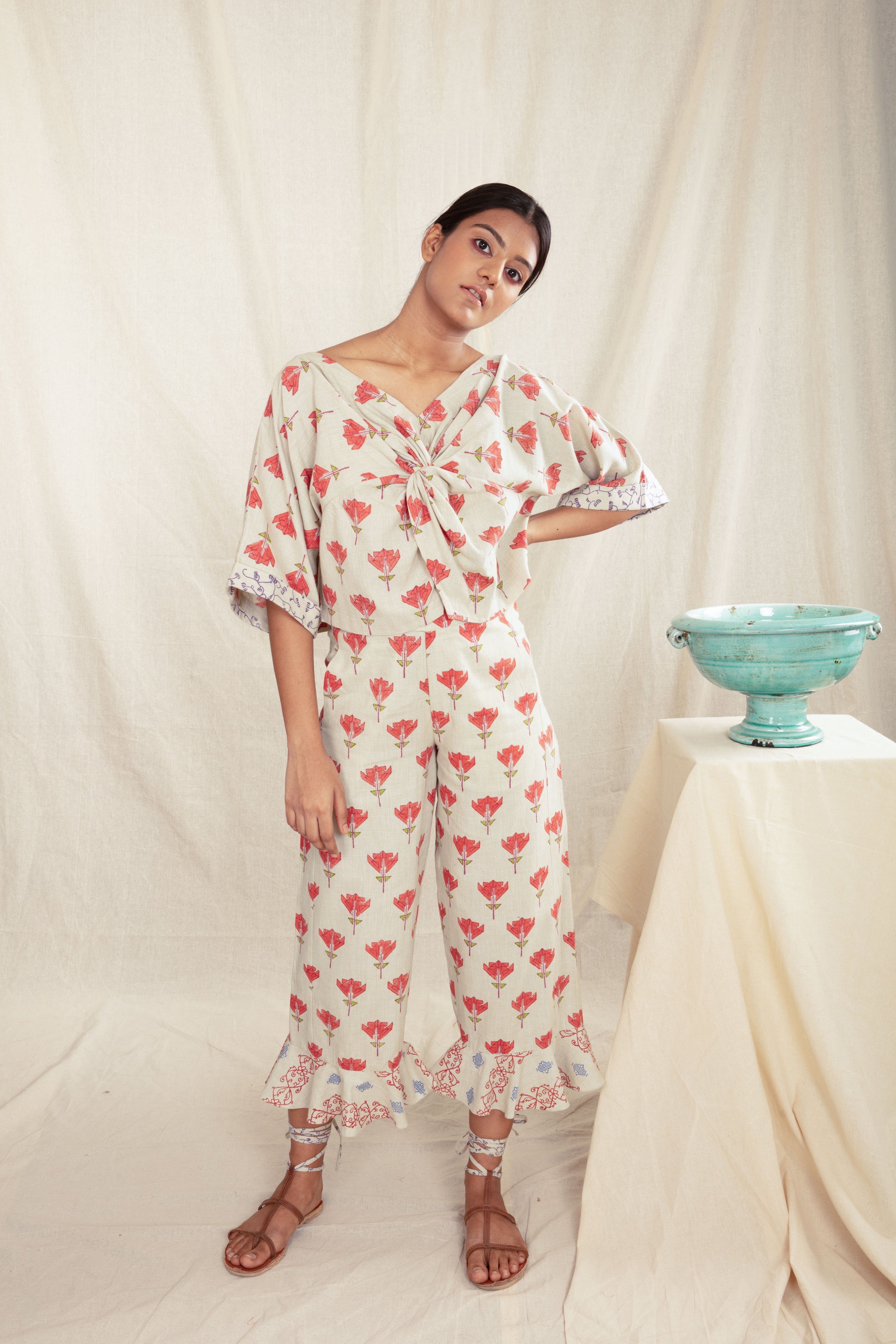 Multicolor Culotte Pants with Ruffles at Kamakhyaa by Anushé Pirani. This item is Block Prints, Culottes, Fitted At Waist, Handwoven Cotton, Multicolor, Natural, Office Wear, Prints, Recurring Dream Collection, Womenswear