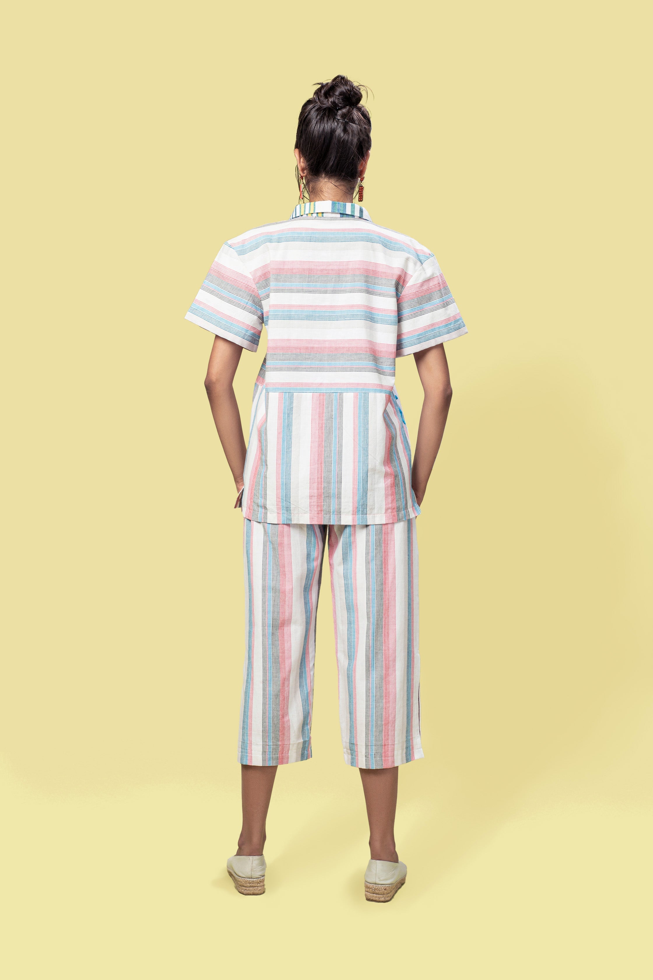 Multicolor Custom T-shirt at Kamakhyaa by Anushé Pirani. This item is Fitted At Waist, Handwoven Cotton, July Sale, July Sale 2023, Multicolor, Natural, Of Myriad Minds, Office Wear, Playful Office Wear, sale anushe pirani, Stripes, T-Shirts, Tops, Womenswear