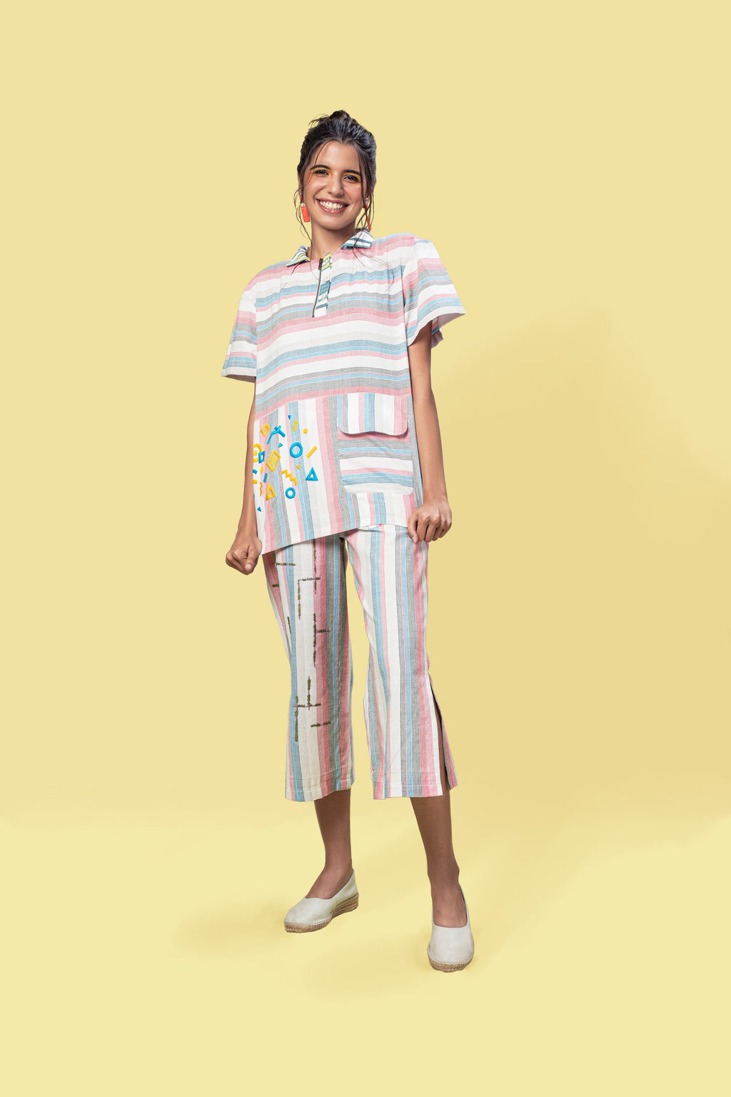 Multicolor Custom T-shirt at Kamakhyaa by Anushé Pirani. This item is Fitted At Waist, Handwoven Cotton, July Sale, July Sale 2023, Multicolor, Natural, Of Myriad Minds, Office Wear, Playful Office Wear, sale anushe pirani, Stripes, T-Shirts, Tops, Womenswear