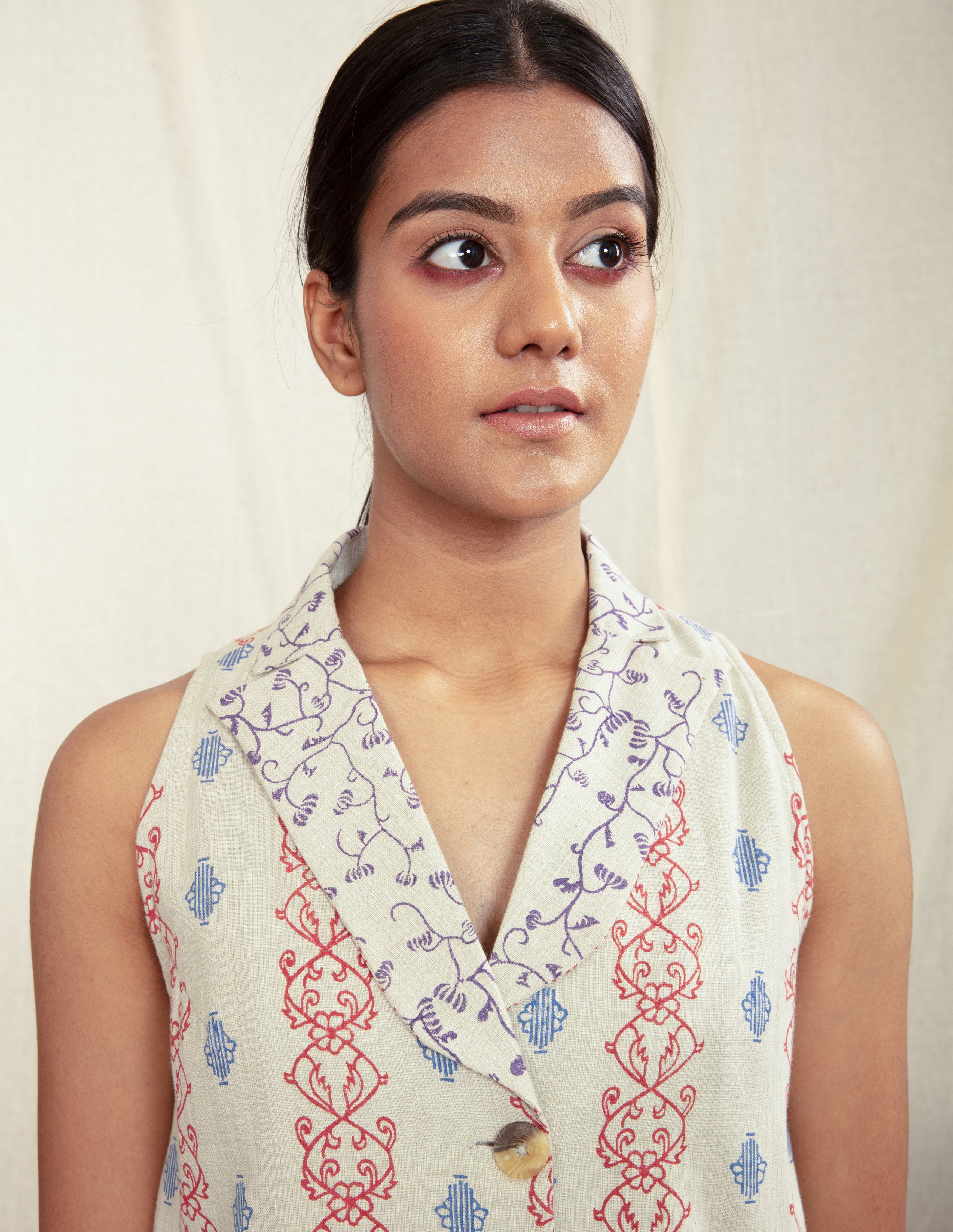 Multicolor Custom Women's Vest at Kamakhyaa by Anushé Pirani. This item is Blazers, Block Prints, Handwoven Cotton, Lounge Wear, Multicolor, Natural, Overlays, Prints, Recurring Dream Collection, Regular Fit, Womenswear