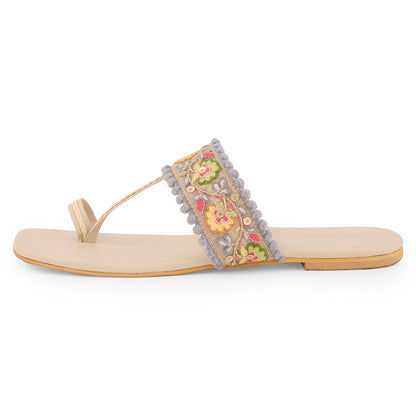 Multicolor Embroidered Flat Open Toes at Kamakhyaa by EK_agga. This item is Beige, Flats, Less than $50, Party Wear, Patent leather, Regular Fit, Solids, Toe Loop, Vegan