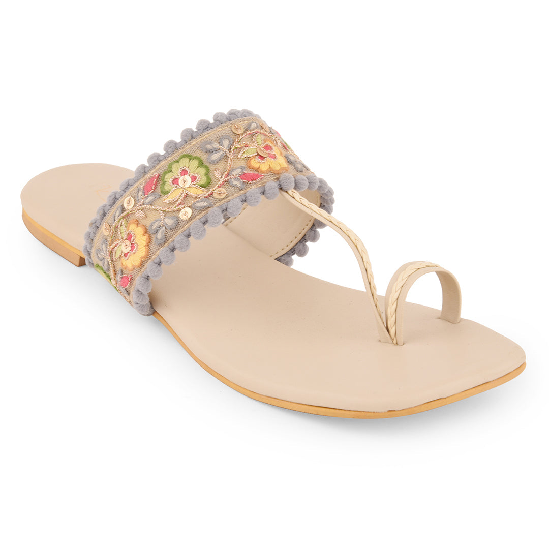 Multicolor Embroidered Flat Open Toes at Kamakhyaa by EK_agga. This item is Beige, Flats, Less than $50, Party Wear, Patent leather, Regular Fit, Solids, Toe Loop, Vegan