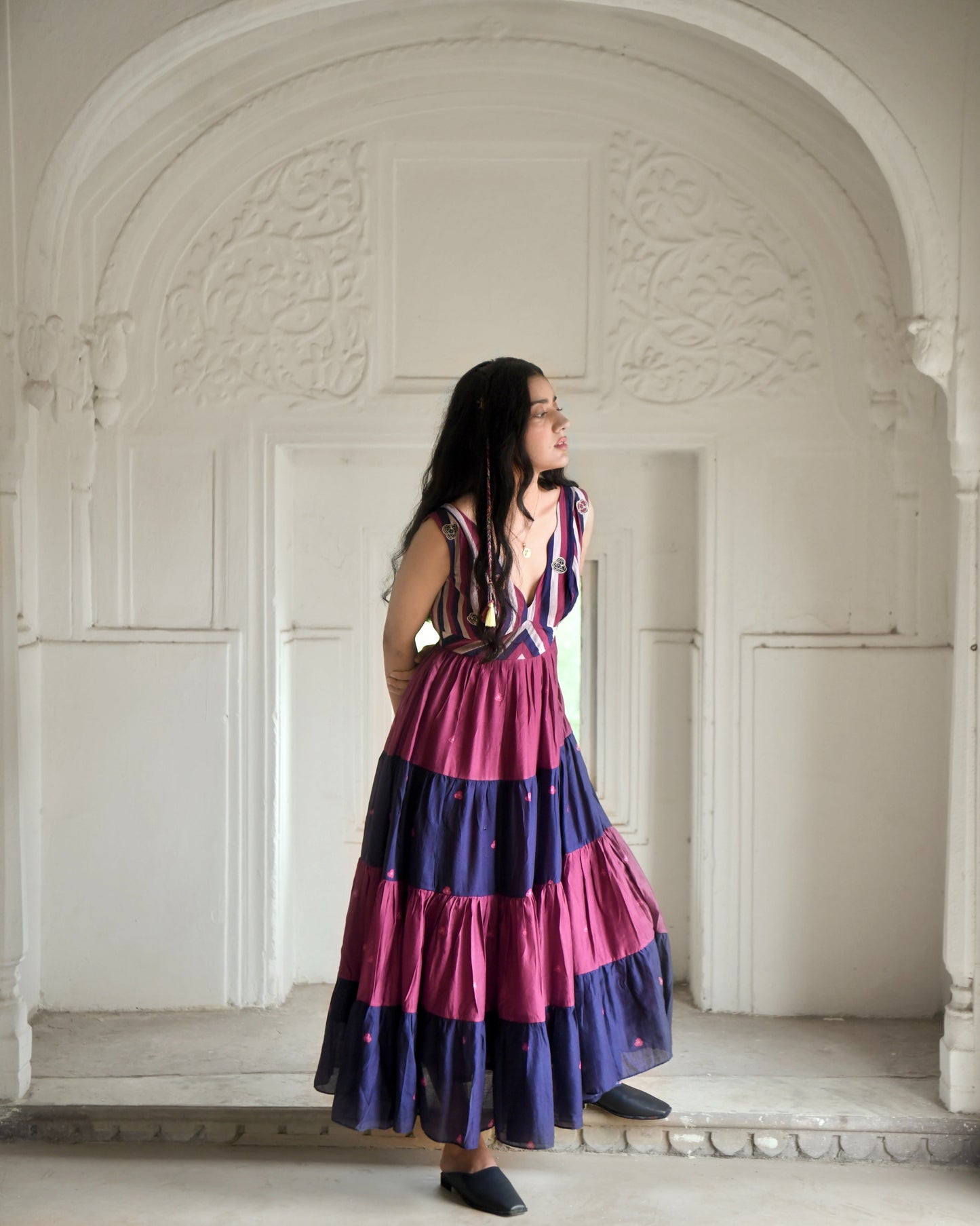 Multicolor Embroidered Tiered Dress at Kamakhyaa by Taro. This item is Azo Free Dyes, Best Selling, Chanderi Silk, Embroidered, FB ADS JUNE, Fitted At Waist, Garden Of Dreams, July Sale, July Sale 2023, Maxi Dresses, Multicolor, Resort Wear, Sleeveless Dresses, Tiered Dresses, Womenswear