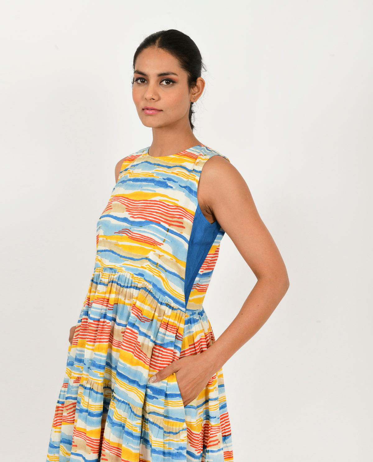 Multicolor Gather Dress at Kamakhyaa by Rias Jaipur. This item is 100% Organic Cotton, Block Prints, Casual Wear, Multicolor, Natural, Relaxed Fit, Scribble Prints, Sleeveless Dresses, Womenswear, Yaadein