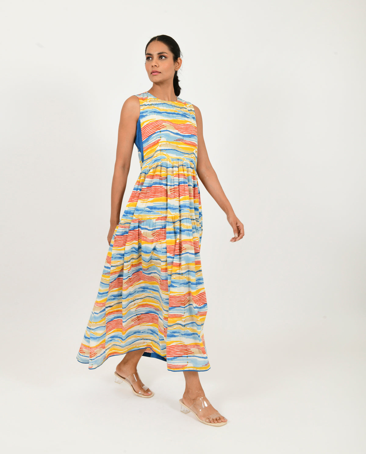 Multicolor Gather Dress at Kamakhyaa by Rias Jaipur. This item is 100% Organic Cotton, Block Prints, Casual Wear, Multicolor, Natural, Relaxed Fit, Scribble Prints, Sleeveless Dresses, Womenswear, Yaadein