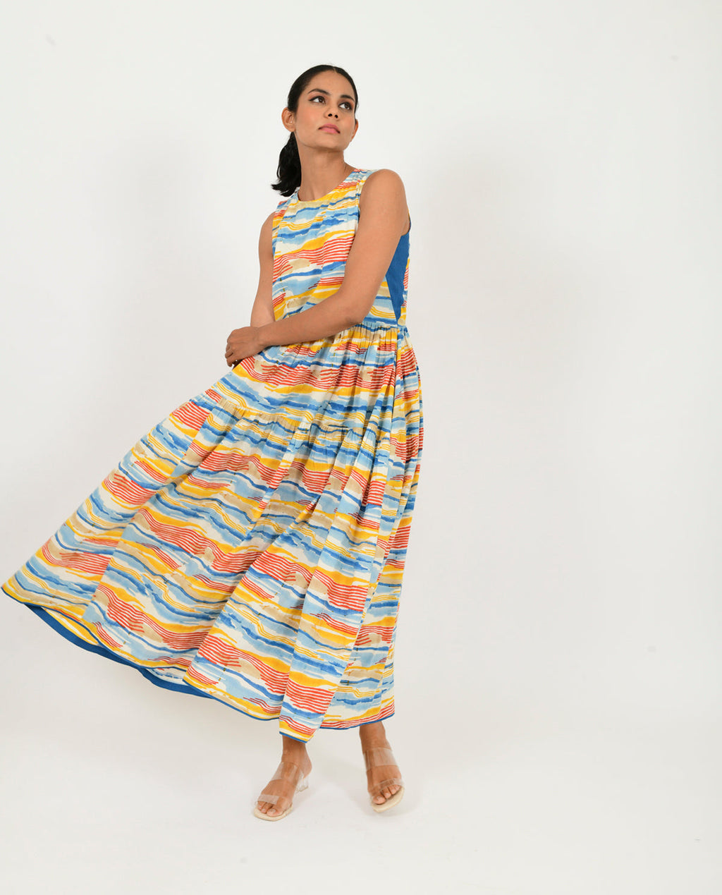 Multicolor Gather Dress at Kamakhyaa by Rias Jaipur. This item is 100% Organic Cotton, Block Prints, Casual Wear, Multicolor, Natural, Relaxed Fit, Scribble Prints, Sleeveless Dresses, Womenswear, Yaadein