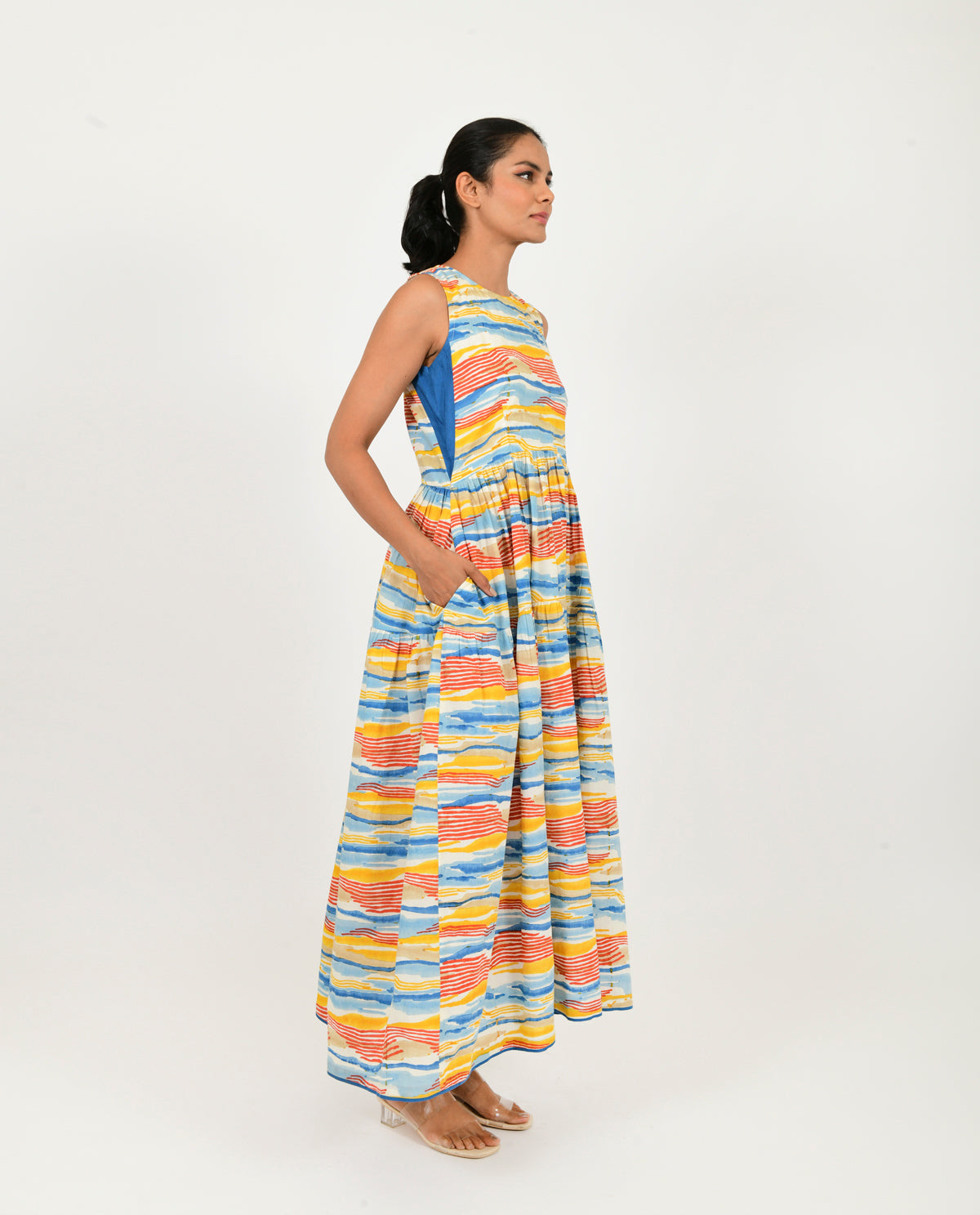 Multicolor Gather Dress at Kamakhyaa by Rias Jaipur. This item is 100% Organic Cotton, Block Prints, Casual Wear, Multicolor, Natural, Relaxed Fit, Scribble Prints, Sleeveless Dresses, Womenswear, Yaadein