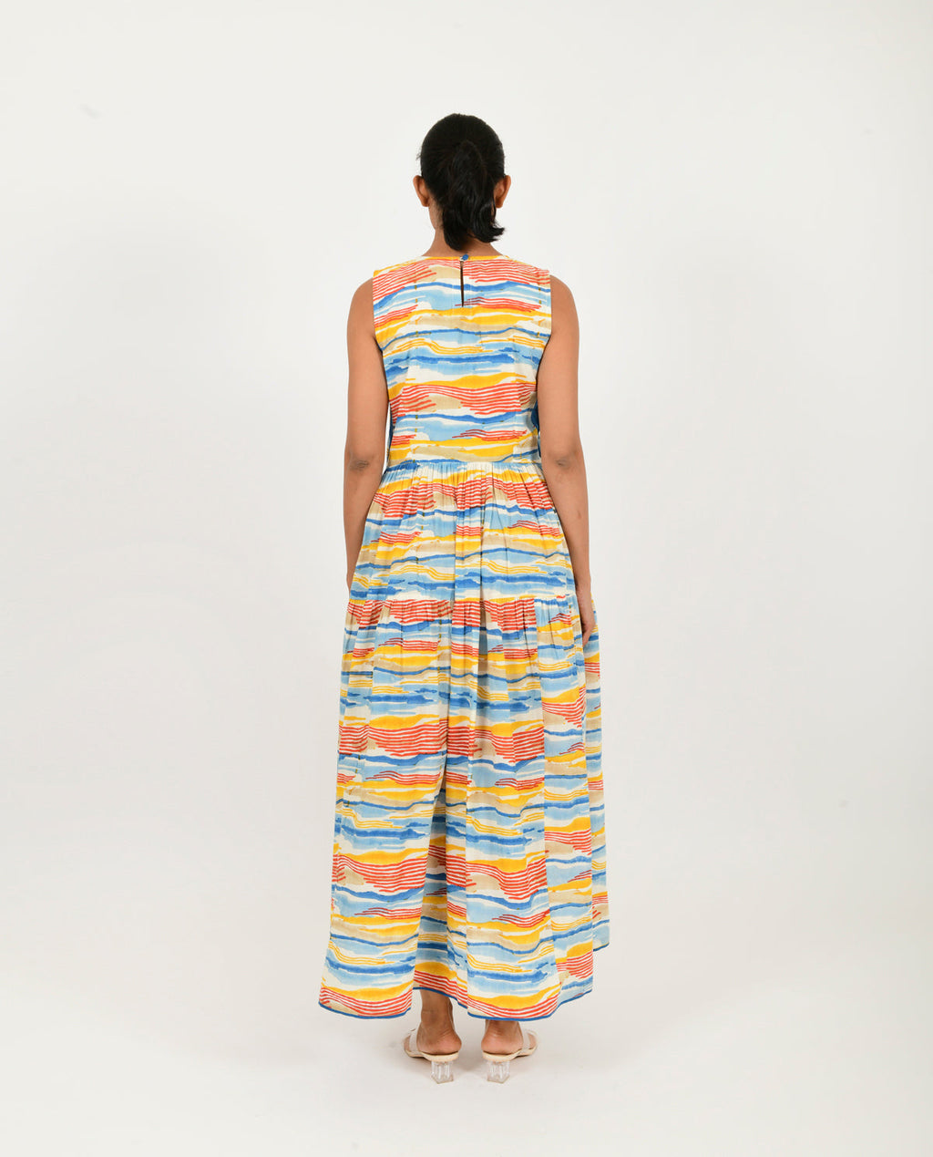Multicolor Gather Dress at Kamakhyaa by Rias Jaipur. This item is 100% Organic Cotton, Block Prints, Casual Wear, Multicolor, Natural, Relaxed Fit, Scribble Prints, Sleeveless Dresses, Womenswear, Yaadein