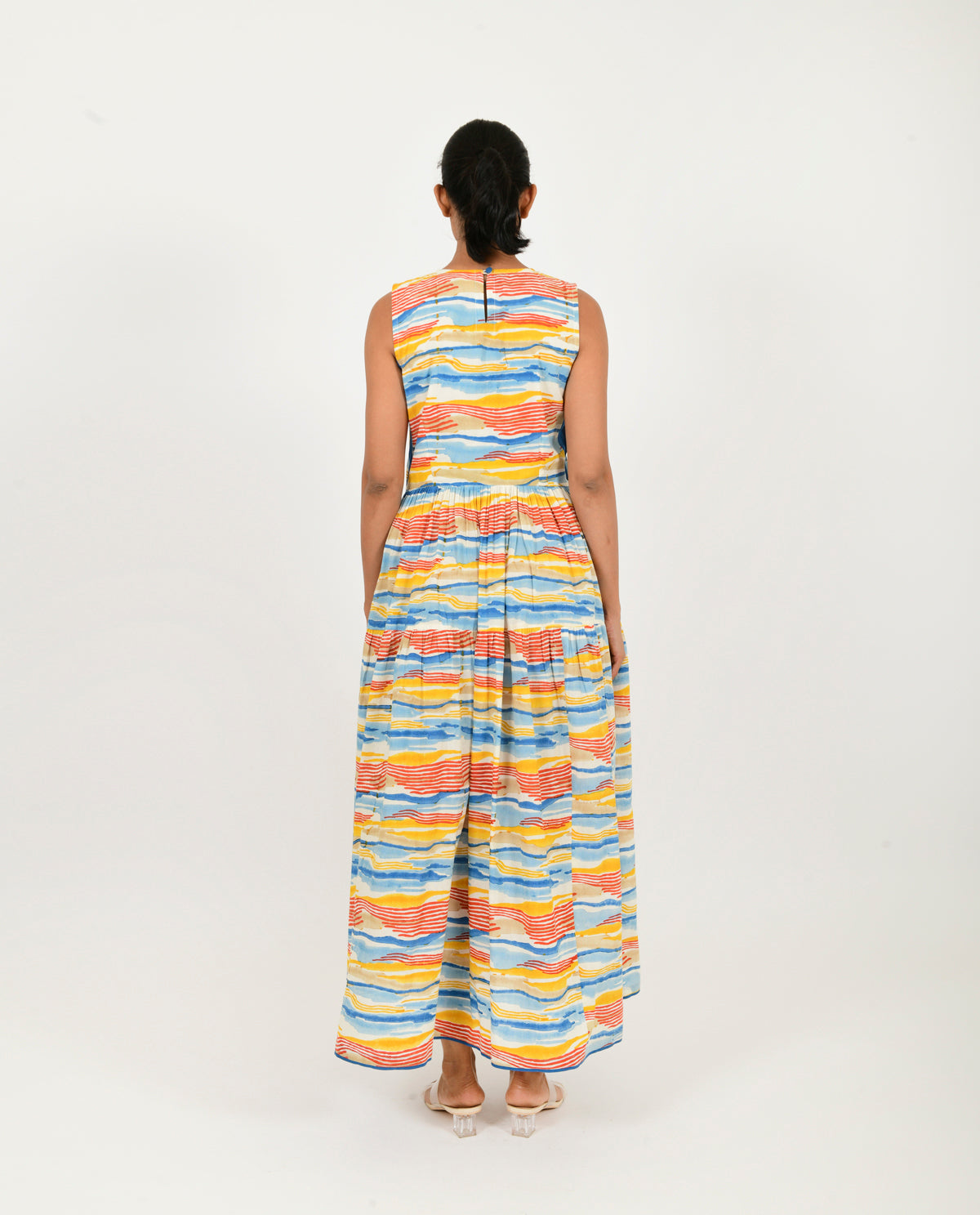 Multicolor Gather Dress at Kamakhyaa by Rias Jaipur. This item is 100% Organic Cotton, Block Prints, Casual Wear, Multicolor, Natural, Relaxed Fit, Scribble Prints, Sleeveless Dresses, Womenswear, Yaadein