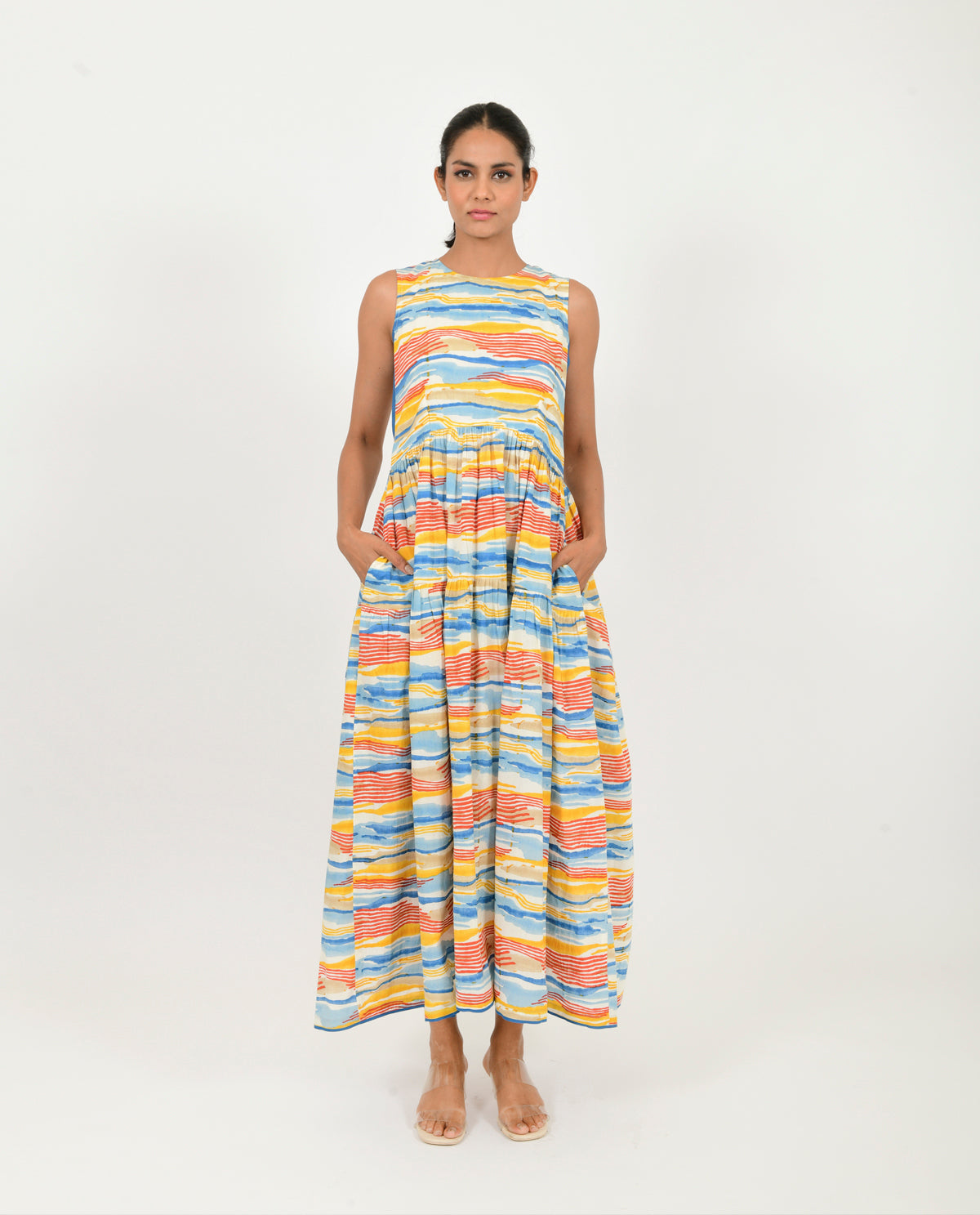 Multicolor Gather Dress at Kamakhyaa by Rias Jaipur. This item is 100% Organic Cotton, Block Prints, Casual Wear, Multicolor, Natural, Relaxed Fit, Scribble Prints, Sleeveless Dresses, Womenswear, Yaadein