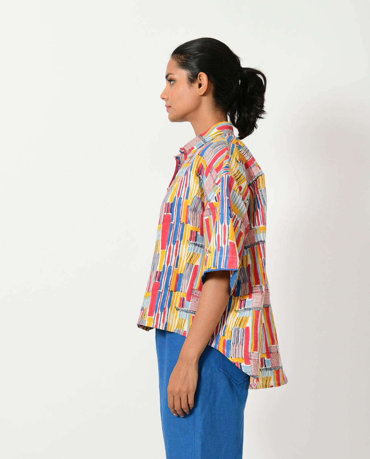 Multicolor Hand Block Linen Crop Shirt at Kamakhyaa by Rias Jaipur. This item is Block Prints, Casual Wear, Linen Blend, Multicolor, Natural, Relaxed Fit, Scribble Prints, Shirts, Womenswear, Yaadein