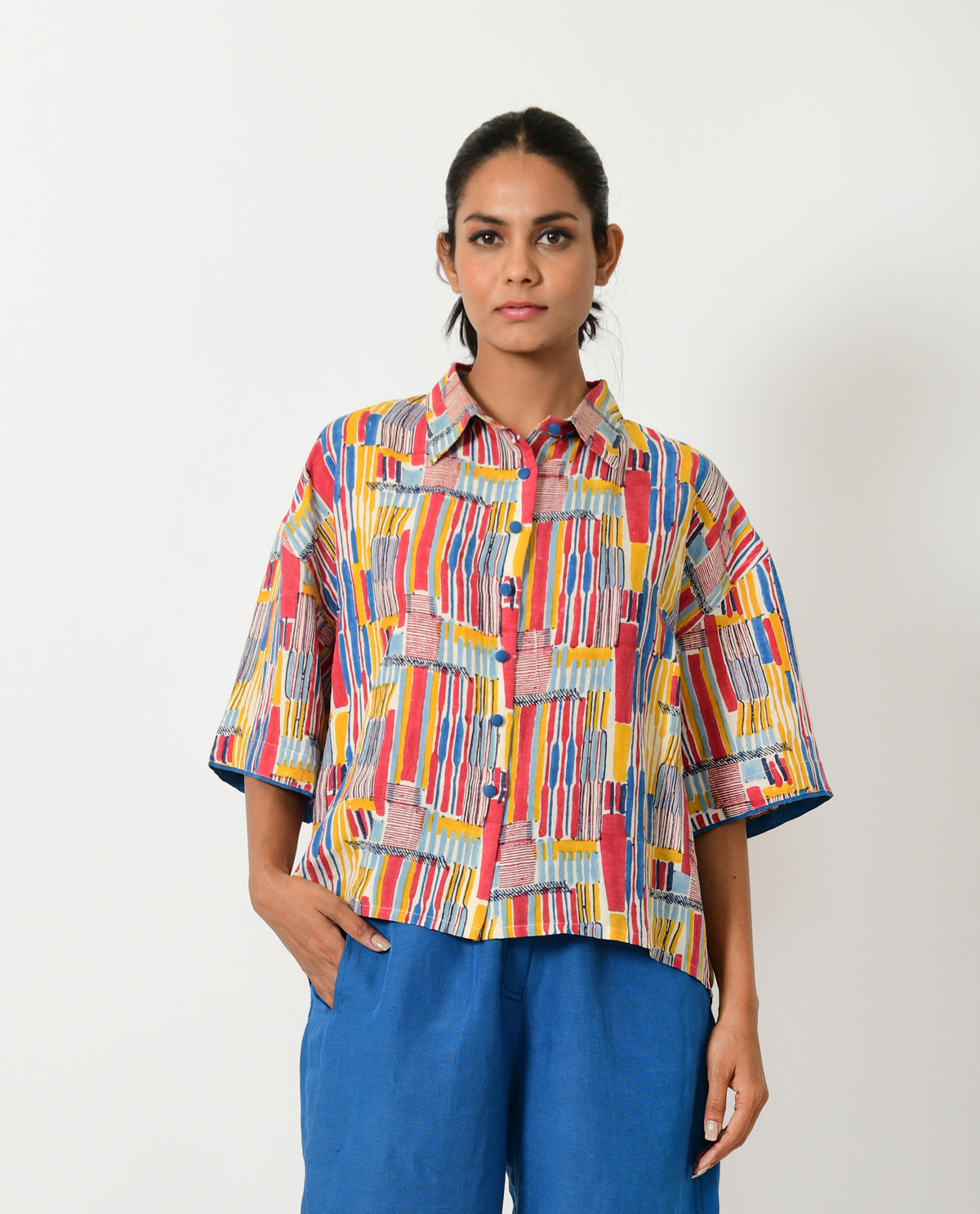 Multicolor Hand Block Linen Crop Shirt at Kamakhyaa by Rias Jaipur. This item is Block Prints, Casual Wear, Linen Blend, Multicolor, Natural, Relaxed Fit, Scribble Prints, Shirts, Womenswear, Yaadein