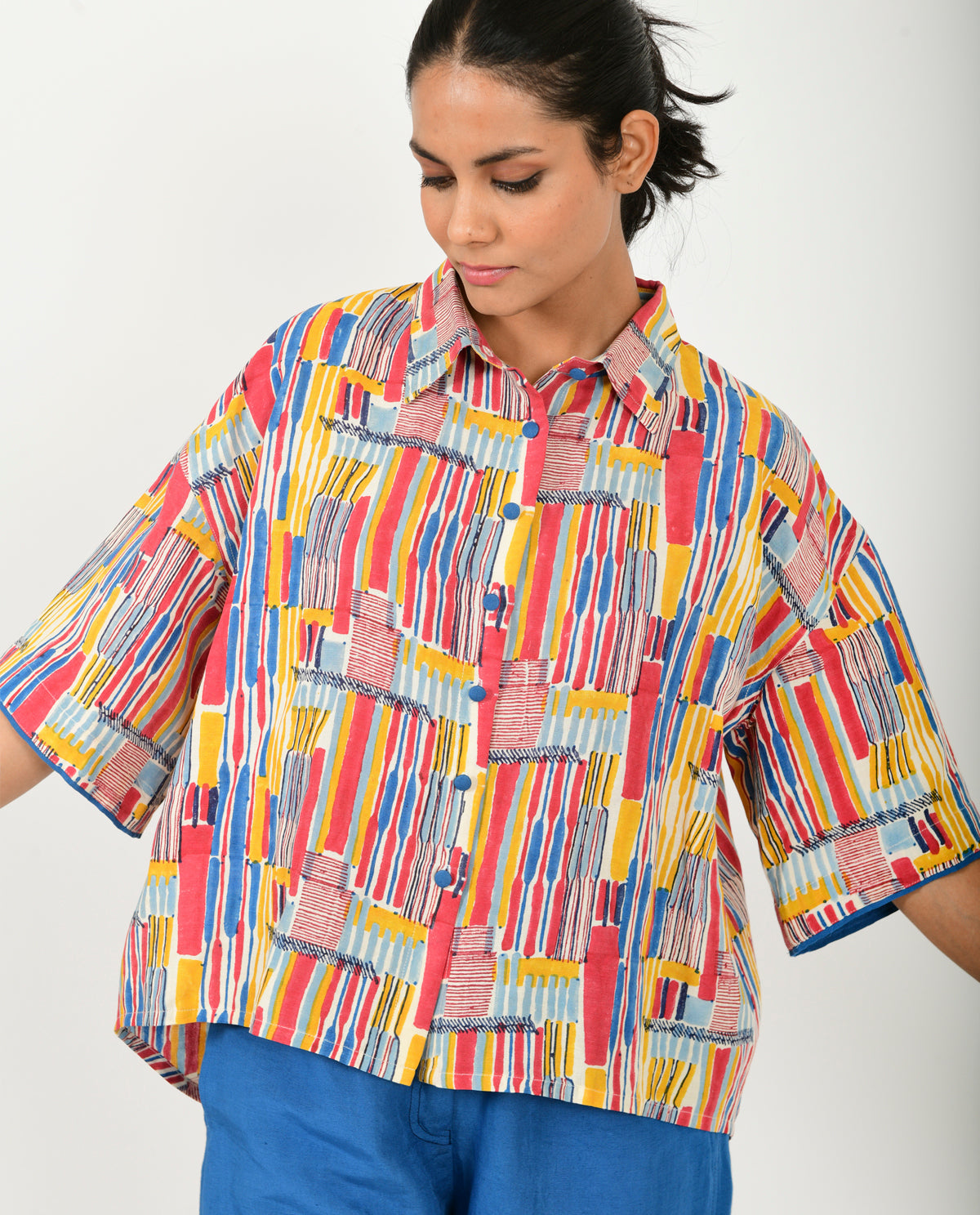 Multicolor Hand Block Linen Crop Shirt at Kamakhyaa by Rias Jaipur. This item is Block Prints, Casual Wear, Linen Blend, Multicolor, Natural, Relaxed Fit, Scribble Prints, Shirts, Womenswear, Yaadein