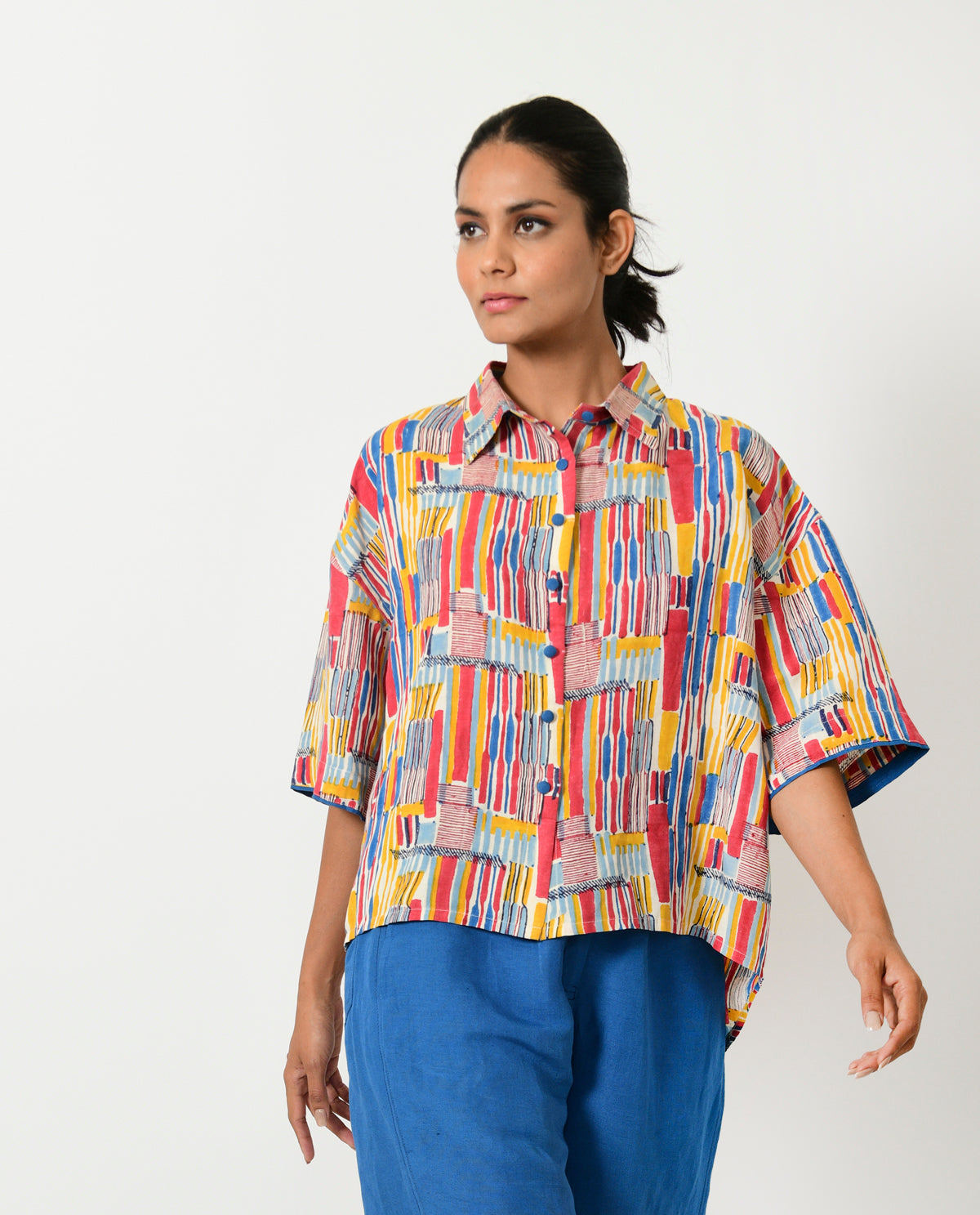 Multicolor Hand Block Linen Crop Shirt at Kamakhyaa by Rias Jaipur. This item is Block Prints, Casual Wear, Linen Blend, Multicolor, Natural, Relaxed Fit, Scribble Prints, Shirts, Womenswear, Yaadein