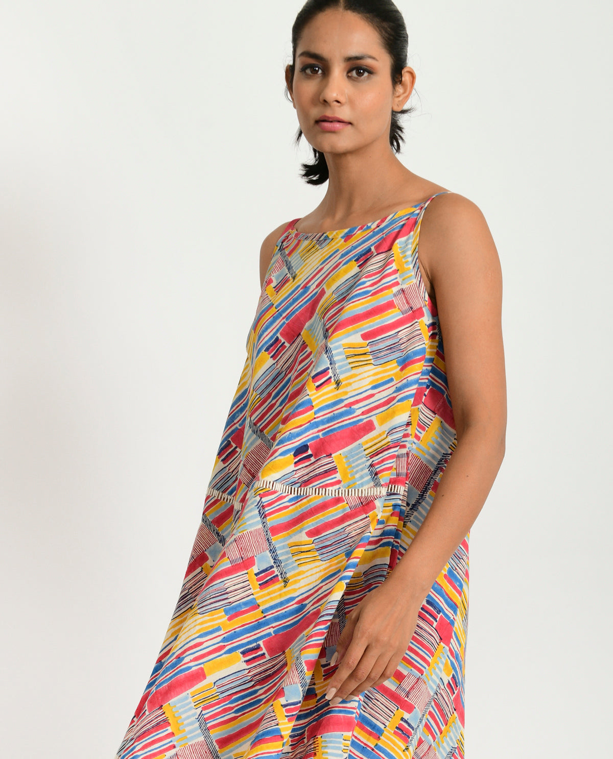 Multicolor Hand Block Maxi Dress at Kamakhyaa by Rias Jaipur. This item is 100% Organic Cotton, Block Prints, Casual Wear, Maxi Dresses, Multicolor, Natural, Relaxed Fit, Scribble Prints, Sleeveless Dresses, Womenswear, Yaadein