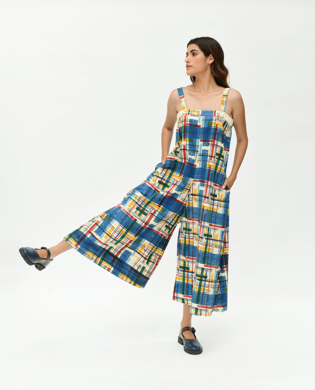 Multicolor Handblock Printed Jumpsuit at Kamakhyaa by Rias Jaipur. This item is 100% Organic Cotton, Casual Wear, Handblock Printed, Handspun, Handwoven, Jumpsuits, Off-White, Prints, Relaxed Fit, Stellar Print, Stripes, Void, Womenswear