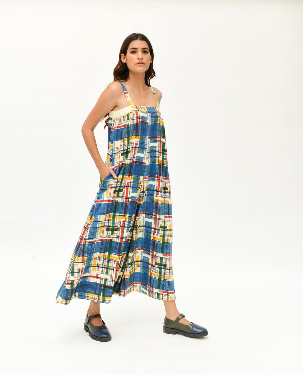 Multicolor Handblock Printed Jumpsuit at Kamakhyaa by Rias Jaipur. This item is 100% Organic Cotton, Casual Wear, Handblock Printed, Handspun, Handwoven, Jumpsuits, Off-White, Prints, Relaxed Fit, Stellar Print, Stripes, Void, Womenswear