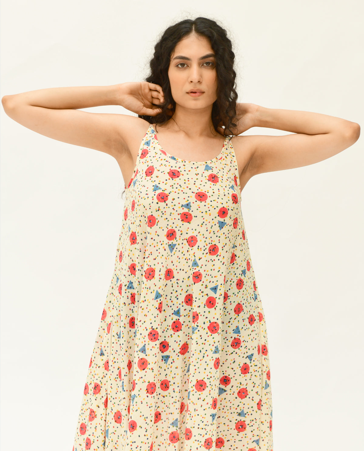 Multicolor Handblock Printed Maxi Dress at Kamakhyaa by Rias Jaipur. This item is 100% Organic Cotton, Casual Wear, Handblock Printed, Handspun, Handwoven, Maxi Dresses, Off-White, Prints, Relaxed Fit, Sleeveless Dresses, Void, Womenswear