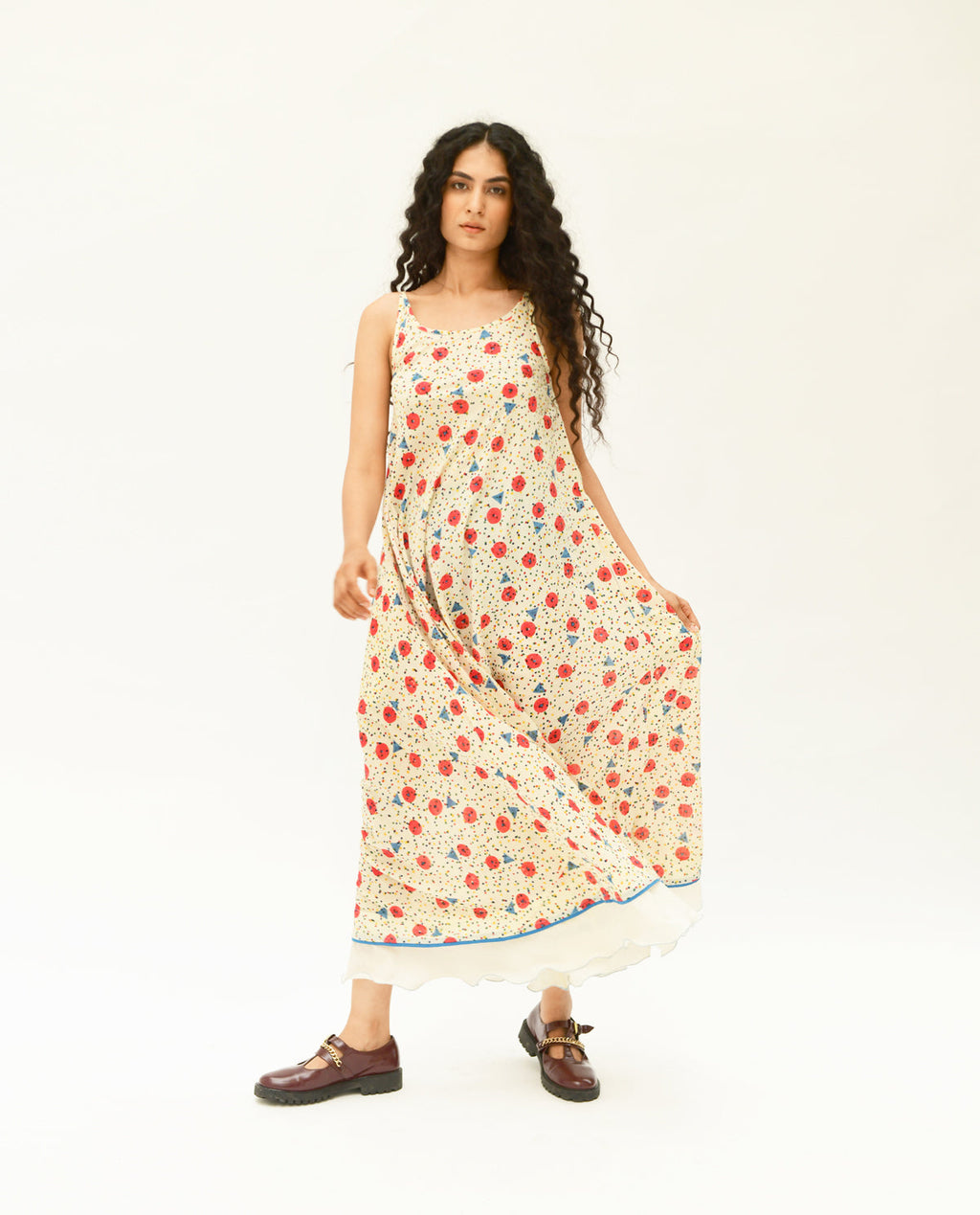 Multicolor Handblock Printed Maxi Dress at Kamakhyaa by Rias Jaipur. This item is 100% Organic Cotton, Casual Wear, Handblock Printed, Handspun, Handwoven, Maxi Dresses, Off-White, Prints, Relaxed Fit, Sleeveless Dresses, Void, Womenswear