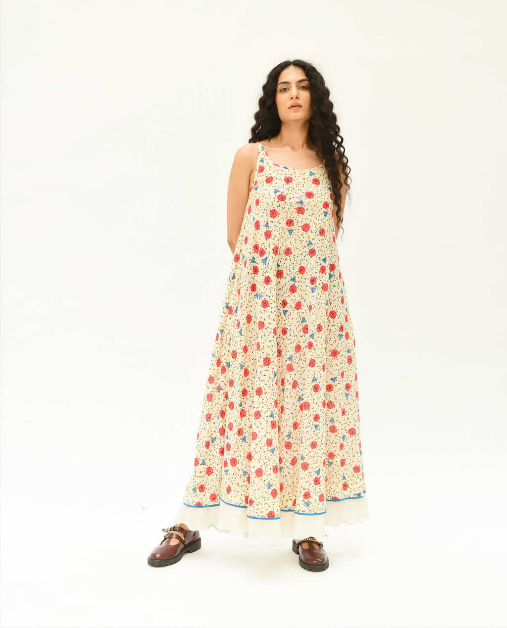 Multicolor Handblock Printed Maxi Dress at Kamakhyaa by Rias Jaipur. This item is 100% Organic Cotton, Casual Wear, Handblock Printed, Handspun, Handwoven, Maxi Dresses, Off-White, Prints, Relaxed Fit, Sleeveless Dresses, Void, Womenswear