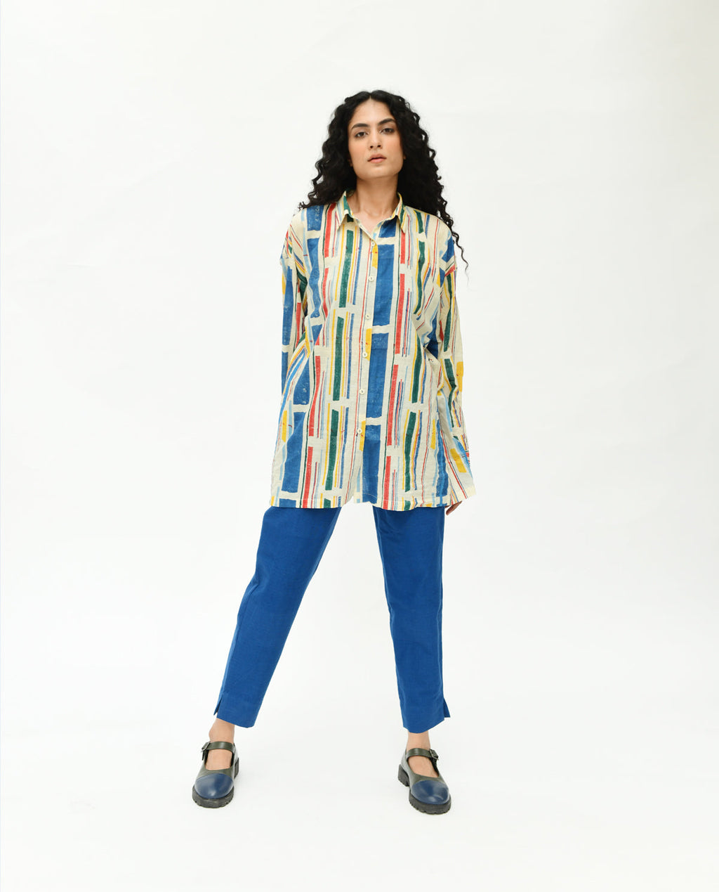 Multicolor Handblock Printed Stripes Shirt at Kamakhyaa by Rias Jaipur. This item is 100% Organic Cotton, Casual Wear, Handblock Printed, Handspun, Handwoven, Off-White, Prints, Relaxed Fit, Shirts, Stellar Print, Stripes, Void, Womenswear