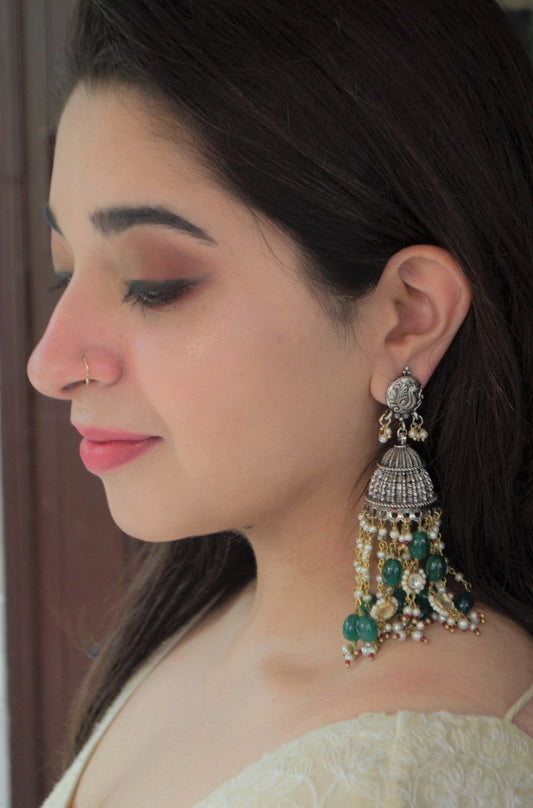 Multicolor Jhumkas Amalka Gharara at Kamakhyaa by House Of Heer. This item is Alloy Metal, Festive Jewellery, Festive Wear, Free Size, jewelry, Jhumkas, July Sale, July Sale 2023, Long Earrings, Multicolor, Natural, Pearl, Polkis, Solids