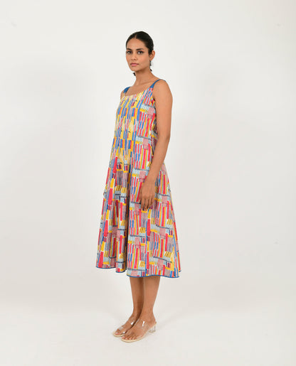 Multicolor Linen Dress at Kamakhyaa by Rias Jaipur. This item is Block Prints, Casual Wear, Linen Blend, Multicolor, Natural, Regular Fit, Scribble Prints, Sleeveless Dresses, Womenswear, Yaadein