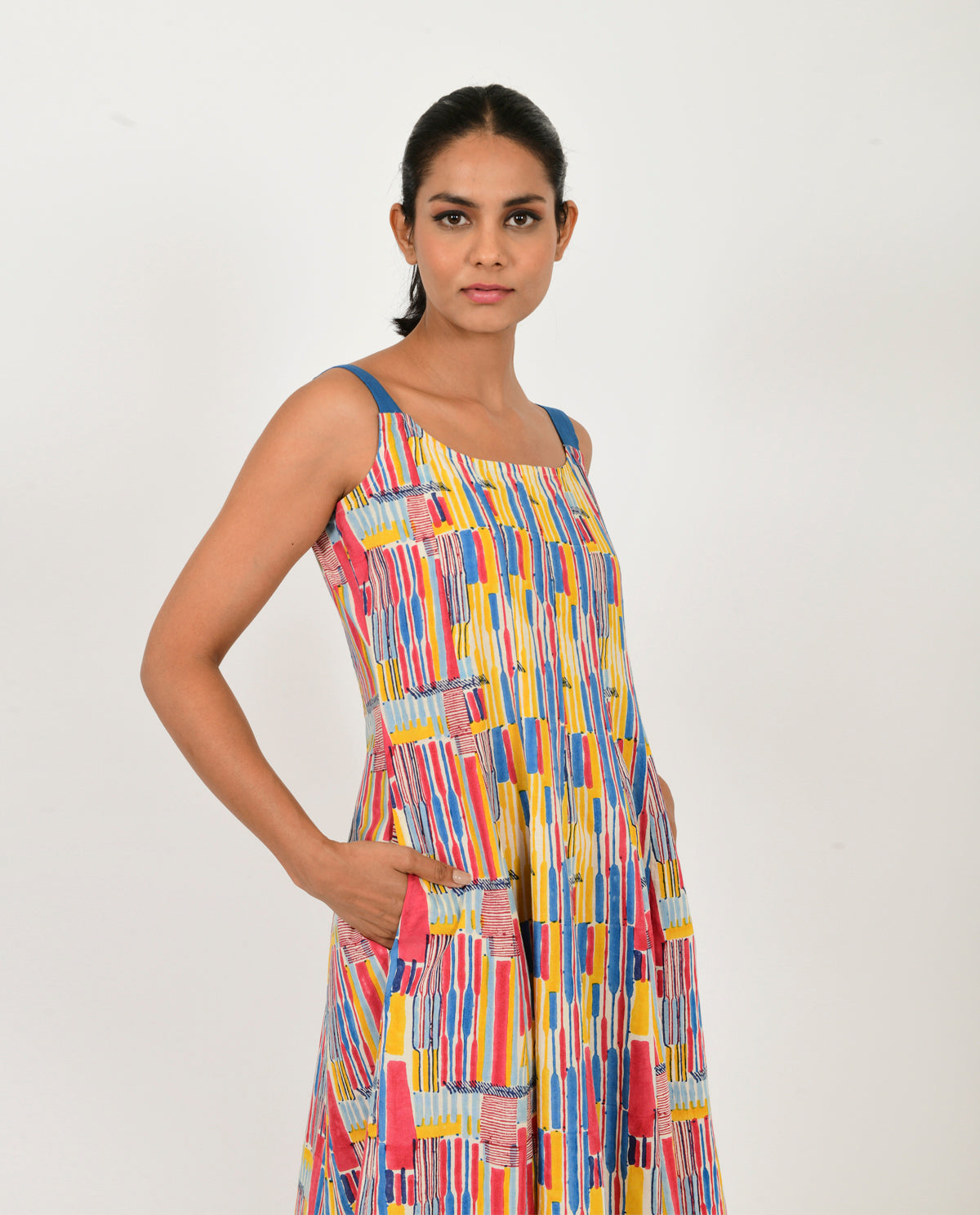Multicolor Linen Dress at Kamakhyaa by Rias Jaipur. This item is Block Prints, Casual Wear, Linen Blend, Multicolor, Natural, Regular Fit, Scribble Prints, Sleeveless Dresses, Womenswear, Yaadein