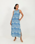 Multicolor Linen Midi Dress at Kamakhyaa by Rias Jaipur. This item is Block Prints, Blue, Casual Wear, Linen Blend, Midi Dresses, Multicolor, Natural, Relaxed Fit, Scribble Prints, White, Womenswear, Yaadein