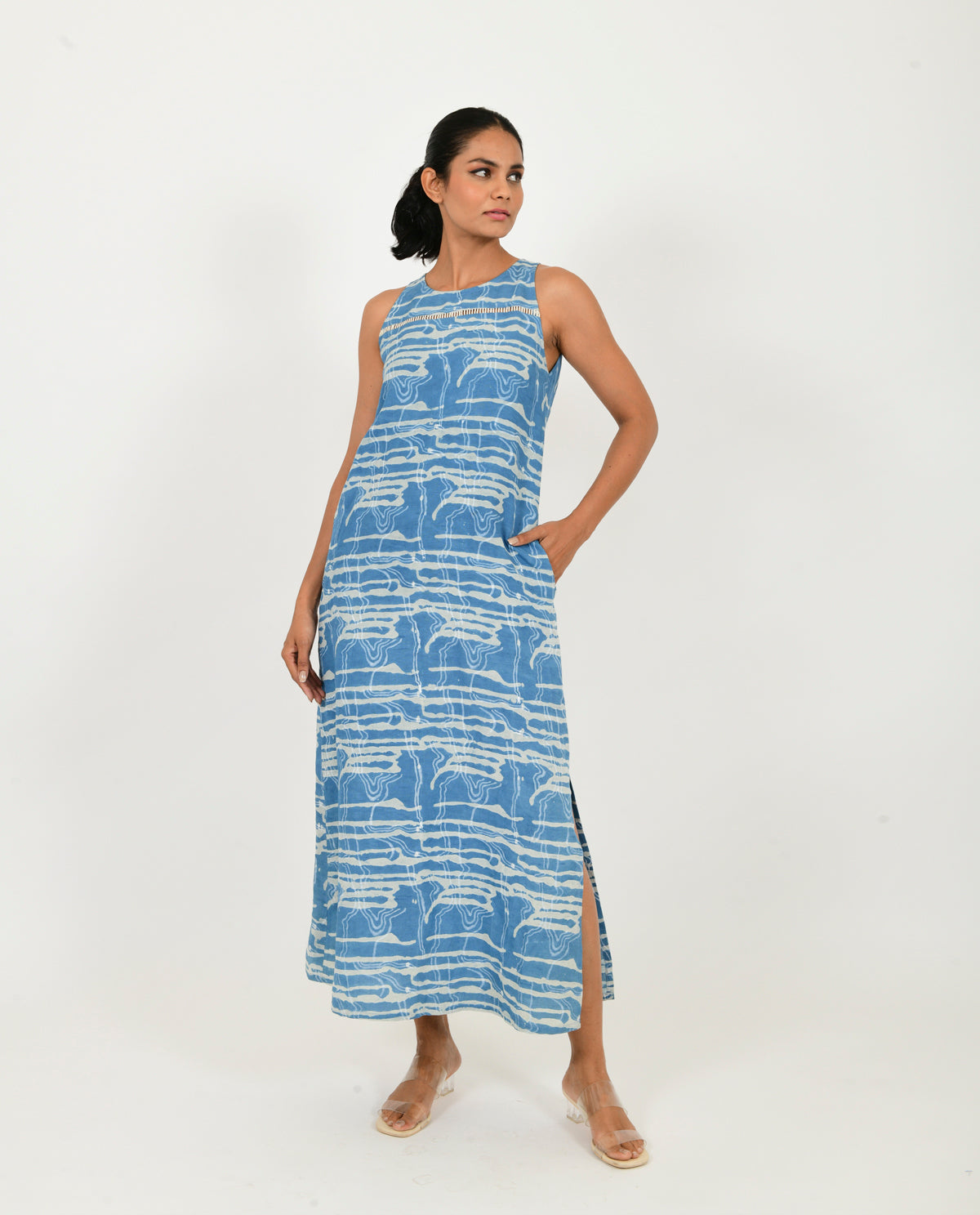 Multicolor Linen Midi Dress at Kamakhyaa by Rias Jaipur. This item is Block Prints, Blue, Casual Wear, Linen Blend, Midi Dresses, Multicolor, Natural, Relaxed Fit, Scribble Prints, White, Womenswear, Yaadein