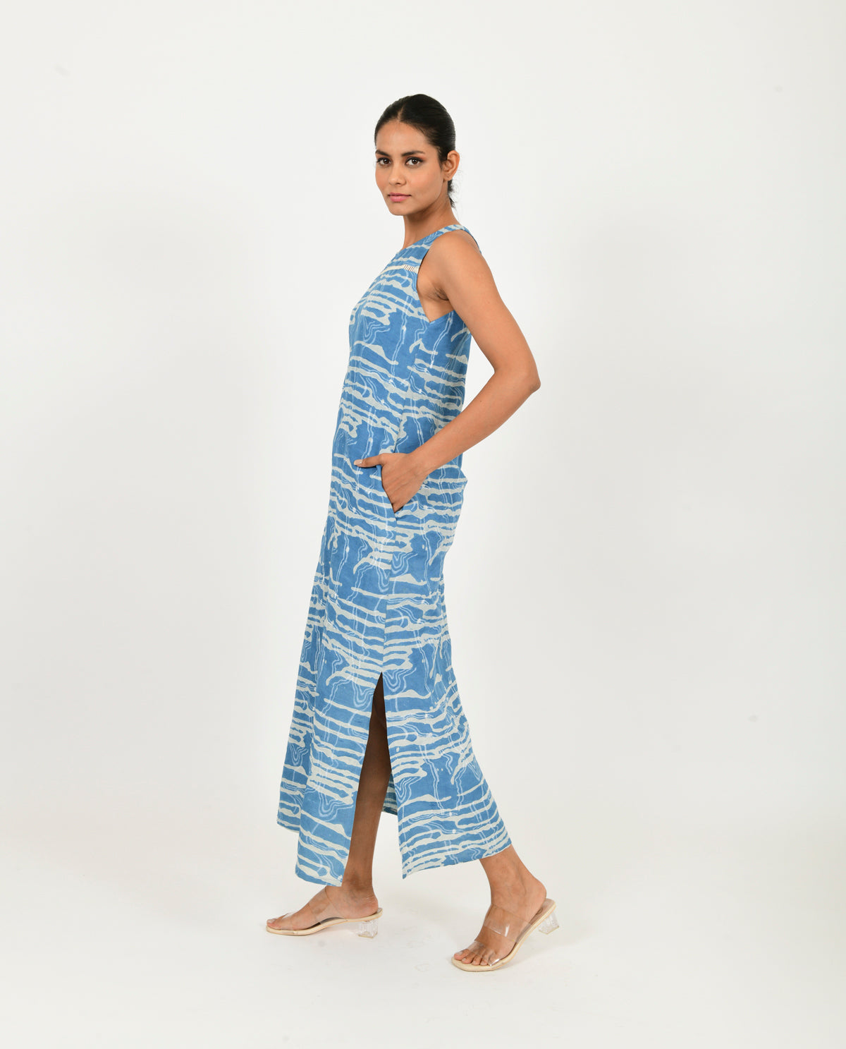 Multicolor Linen Midi Dress at Kamakhyaa by Rias Jaipur. This item is Block Prints, Blue, Casual Wear, Linen Blend, Midi Dresses, Multicolor, Natural, Relaxed Fit, Scribble Prints, White, Womenswear, Yaadein