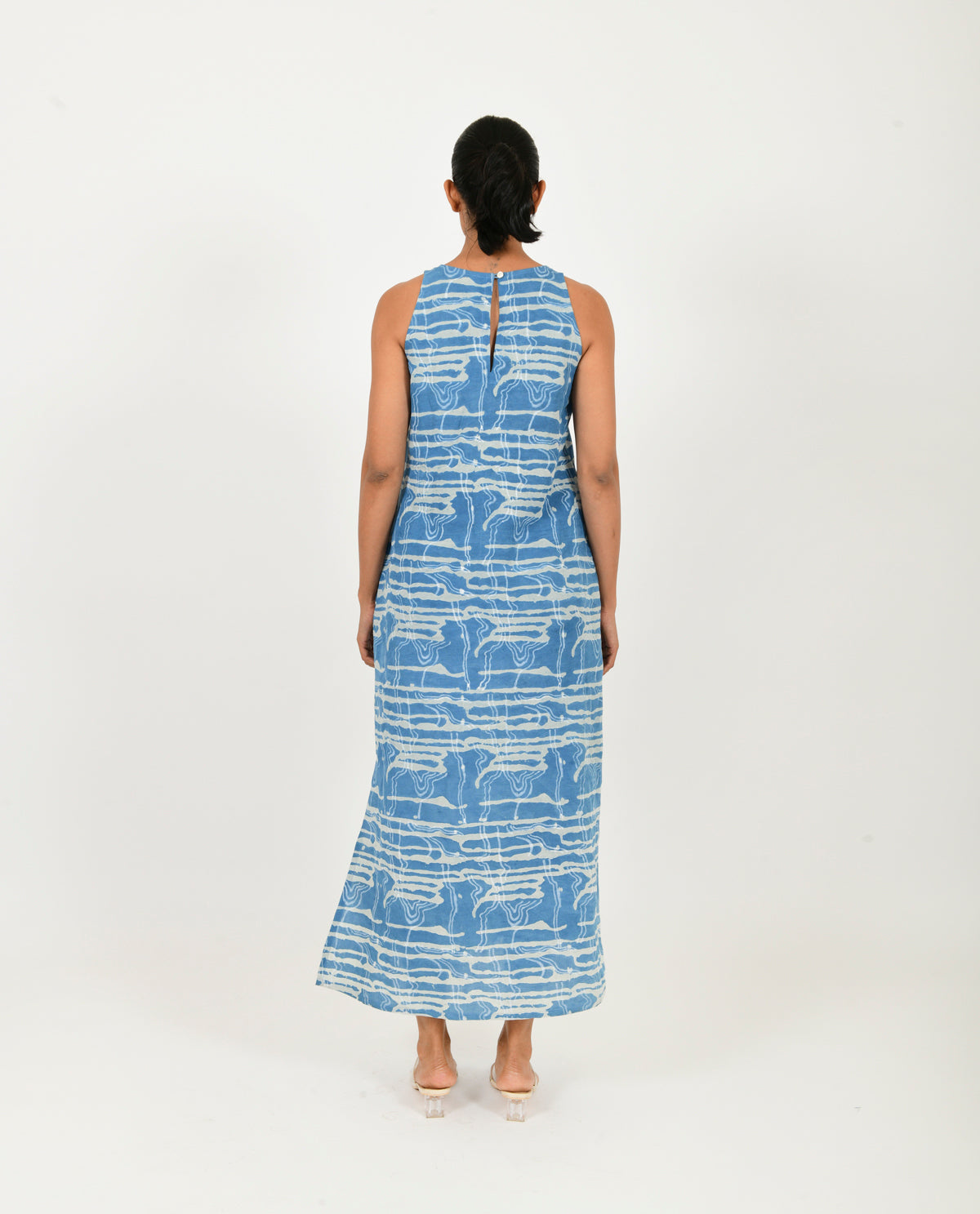 Multicolor Linen Midi Dress at Kamakhyaa by Rias Jaipur. This item is Block Prints, Blue, Casual Wear, Linen Blend, Midi Dresses, Multicolor, Natural, Relaxed Fit, Scribble Prints, White, Womenswear, Yaadein