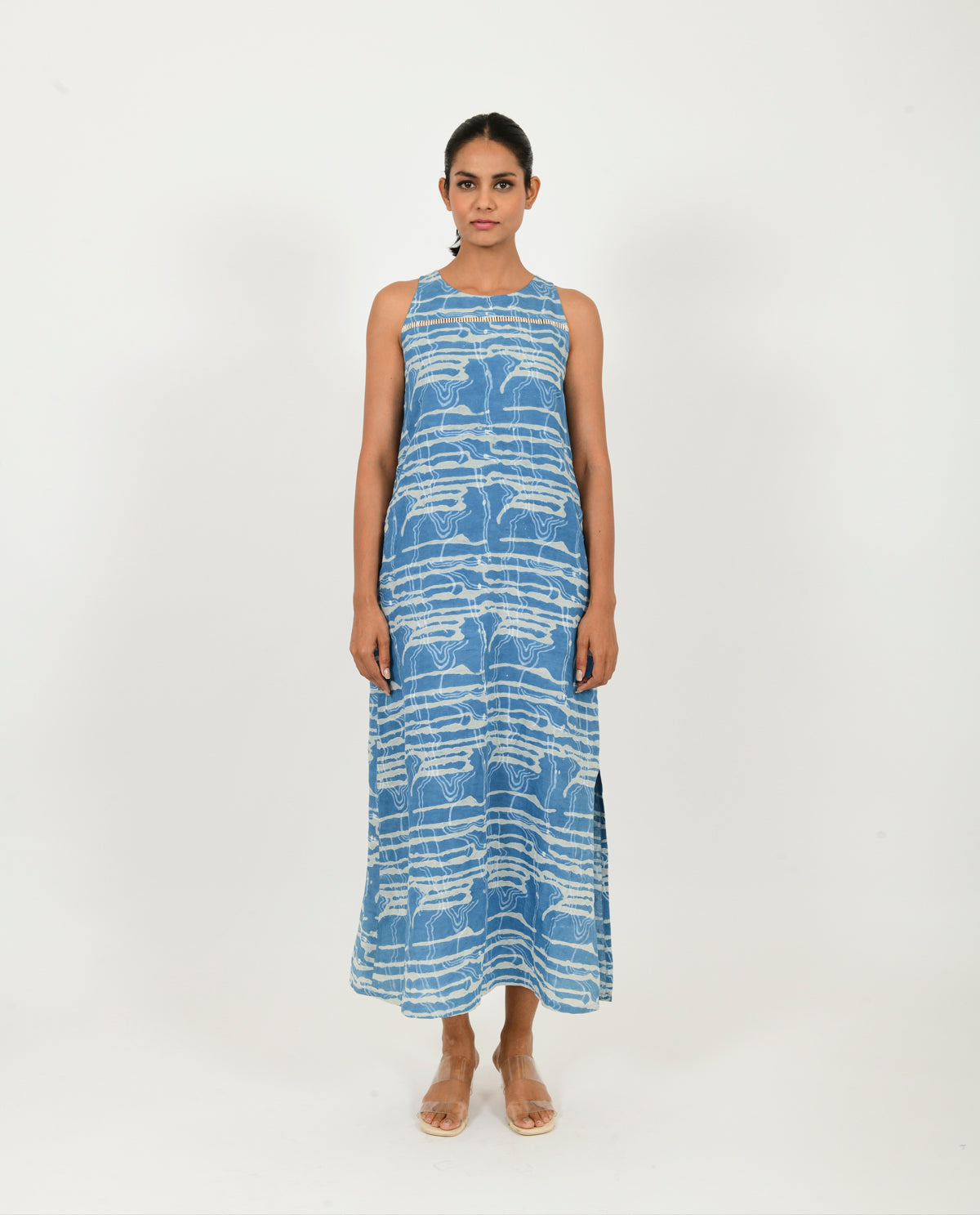 Multicolor Linen Midi Dress at Kamakhyaa by Rias Jaipur. This item is Block Prints, Blue, Casual Wear, Linen Blend, Midi Dresses, Multicolor, Natural, Relaxed Fit, Scribble Prints, White, Womenswear, Yaadein