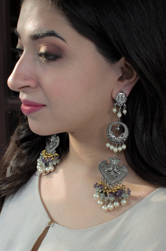 Multicolor Long Earring Savera at Kamakhyaa by House Of Heer. This item is Alloy Metal, Festive Jewellery, Festive Wear, Free Size, jewelry, July Sale, July Sale 2023, Long Earrings, Multicolor, Natural, Pearl, Solids, Textured