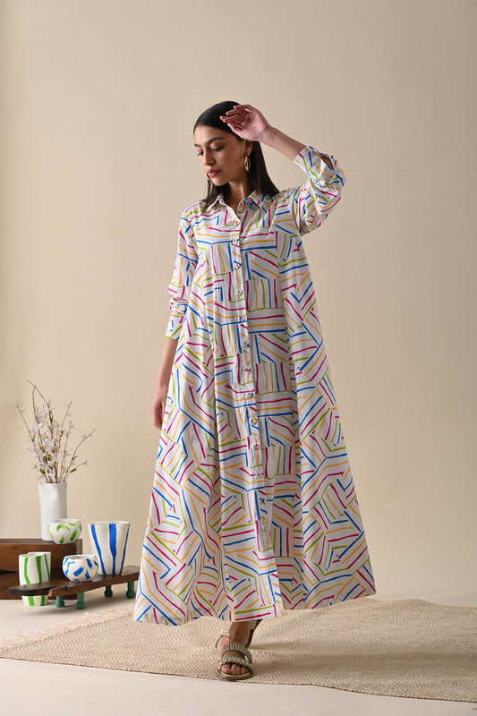 Multicolor Maxi Dress at Kamakhyaa by Kanelle. This item is Best Selling, Casual Wear, Dresses, July Sale, Life in Colours, Maxi Dresses, Multicolor, Natural with azo dyes, Organic Cotton, Prints, Relaxed Fit, Shirt Dresses, Womenswear