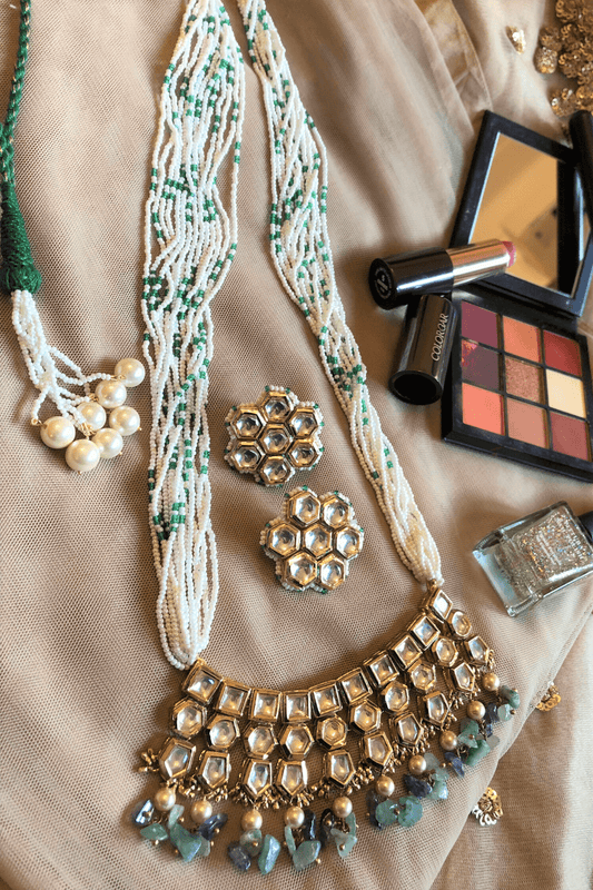 Multicolor Necklace with Studs Mogra kundankari at Kamakhyaa by House Of Heer. This item is Add Ons, Alloy Metal, Festive Jewellery, Festive Wear, Free Size, jewelry, Jewelry Sets, July Sale, July Sale 2023, Multicolor, Natural, Pearl, Textured