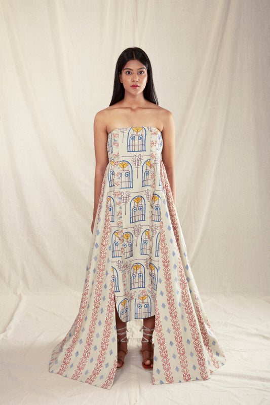 Multicolor Off Shoulder Maxi Dress at Kamakhyaa by Anushé Pirani. This item is Block Prints, Handwoven Cotton, Lounge Wear, Maxi Dresses, Multicolor, Natural, Off-Shoulder Dresses, Prints, Recurring Dream Collection, Regular Fit, Sleeveless Dresses, Womenswear